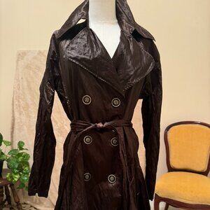 Joseph Ribkoff Trench Women Dark Brown Metallic Ruffle Pleats Notch Collar Sz 10